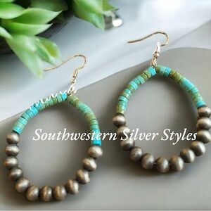 Southwestern Green Blue Turquoise Navajo Style Pearls Sterling Silver Earrings
